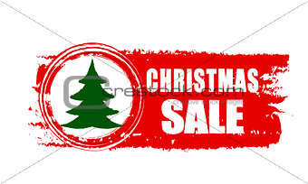 christmas sale and christmas tree on red drawn banner
