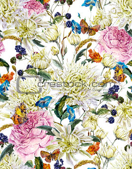 Watercolor Floral Seamless Background  with Chrysanthemums