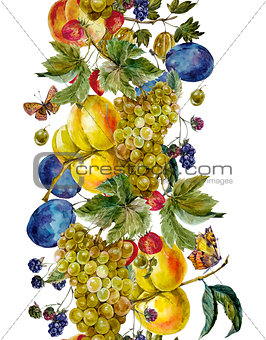 Autumn watercolor seamless border with fruits and butterflies