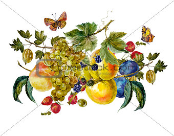 Autumn watercolor vintage card with fruits and butterflies