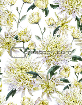 Vintage Watercolor Floral Seamless Background  with Chrysanthemu