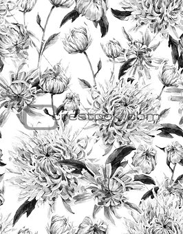 Vintage Monochrome Watercolor Floral Seamless Background  with C