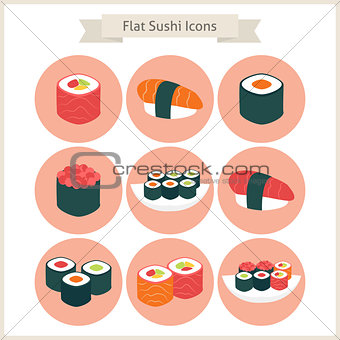 Flat Big Sushi Set Circle Icons