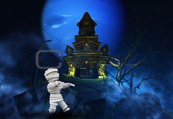 3D Halloween background with zombie and spooky castle