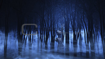 3D alien in a foggy forest