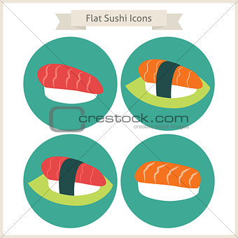 Flat Food Sushi Circle Icons Set