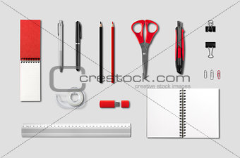 Stationery, office supplies mockup template, grey background