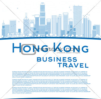 Outline Hong Kong skyline with blue buildings and copy space