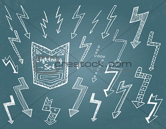 Set of hand drawn lightning on blue background.