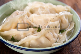 Close up fresh dumplings soup 