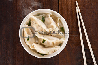 Top view Asian meal dumplings soup 