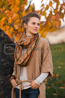Portrait of thoughtful woman in beautiful evening autumn park