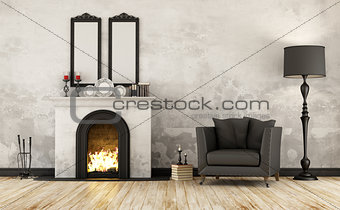 Retro room with fireplace