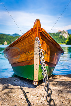 Anchored Wooden Tourist Boat on Shore of Bled Lake, Slovenia