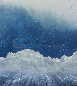 Winter landscape with snow and wooden table