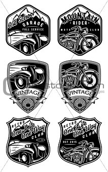 set of retro badges with car and motorcycle on background with mountains