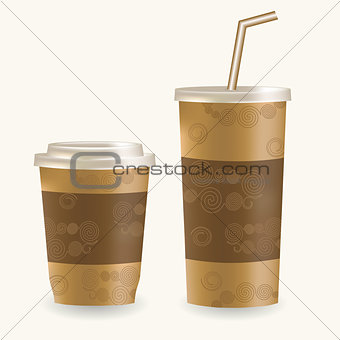 Plastic coffee cup ans disposable cup for beverages with straw over white background.