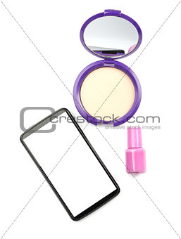 Smartphone with cosmetics on white