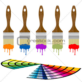 Set of color samples and paintbrushes over white background