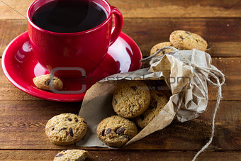 cup of coffee and oatmeal cookies. background.