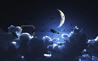 Halloween background with witch flying through a moonlit sky