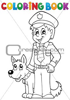 Coloring book policeman with guard dog