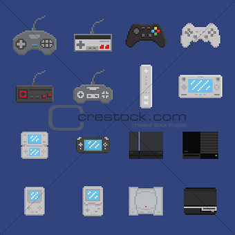 pixel art game design icon set - console, gamepad, portable console