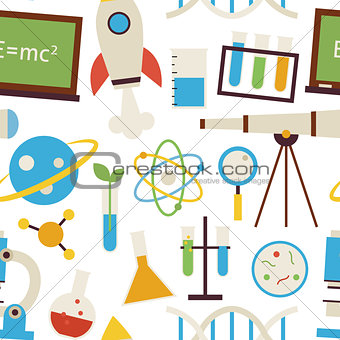 Flat Seamless Pattern Science and Education Objects over White