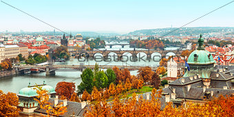 landscape view to Charles bridge on Vltava river in Prague
