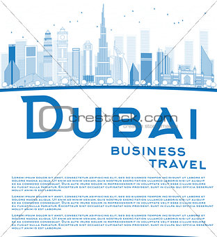 Outline Dubai City skyline with blue skyscrapers and copy space