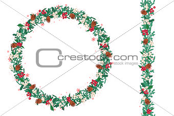 Round Christmas wreath with fir cones and mistletoe isolated on white. Endless vertical pattern brush.