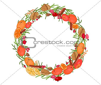 Round festive wreath with fruits and leaves.