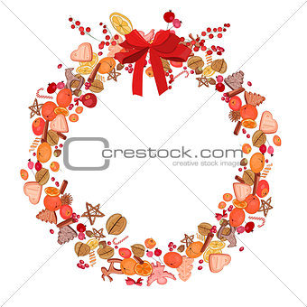 Round festive wreath with fruits, cookies, berries and leaves isolated on white.