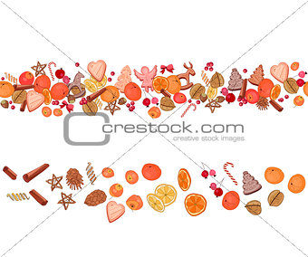 Christmas festive garland with fruits, cookies, berries,spice and candies isolated on white. Seamless pattern brush.