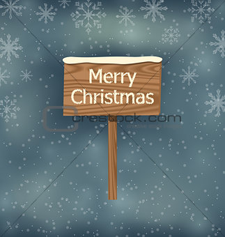 Snow covered wooden sign, Merry Christmas background