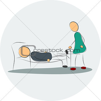 Woman near depressed man in the bed