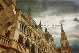 Hungarian parliament building by Danube river. 