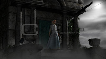 Elf woman in old spooky mausoleum in moonlight