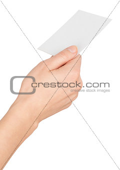 Womans hand giving small empty card
