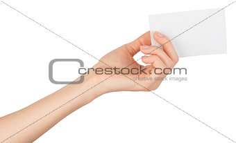 Womans arm offering small empty card