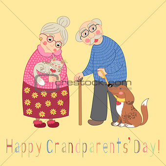 Happy grandparents day card. Poster with cute darling grandmother and grandfather