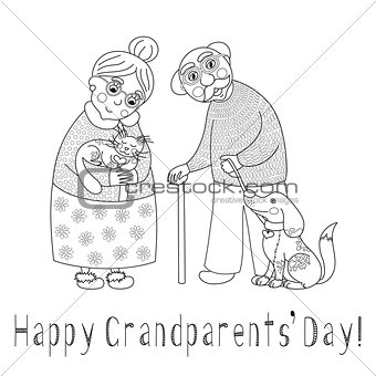 Happy grandparents day card, darling granny and grandpa, coloring book page
