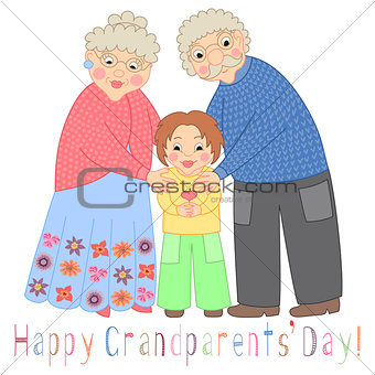 Happy grandparents day card. Poster with cute darling grandmother, grandfather and their grandson