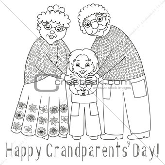 Happy grandparents day card. Poster with grandmother, grandfather and their grandson, coloring book