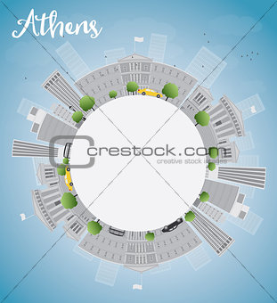 Athens Skyline with Grey Buildings, Blue Sky and copy space