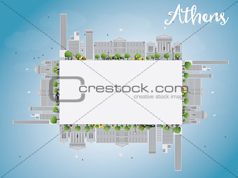Athens Skyline with Grey Buildings, Blue Sky and copy space