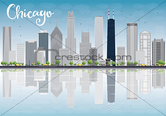 Chicago city skyline with grey skyscrapers and reflections