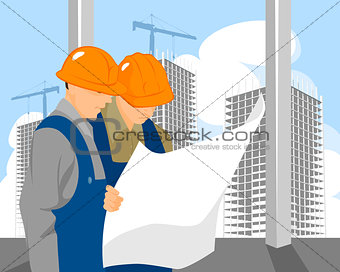 Two builders look on plan