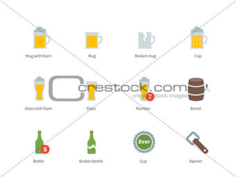Beer and beverages color icons on white background.