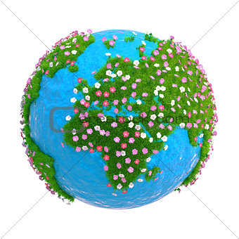 Planet with continents of green grass and flowers
